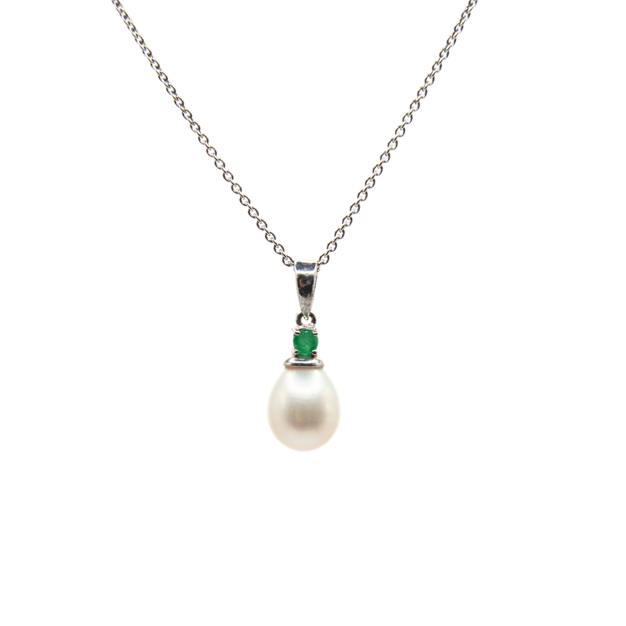 9ct White Gold Freshwater Pearl and Emerald Pendant