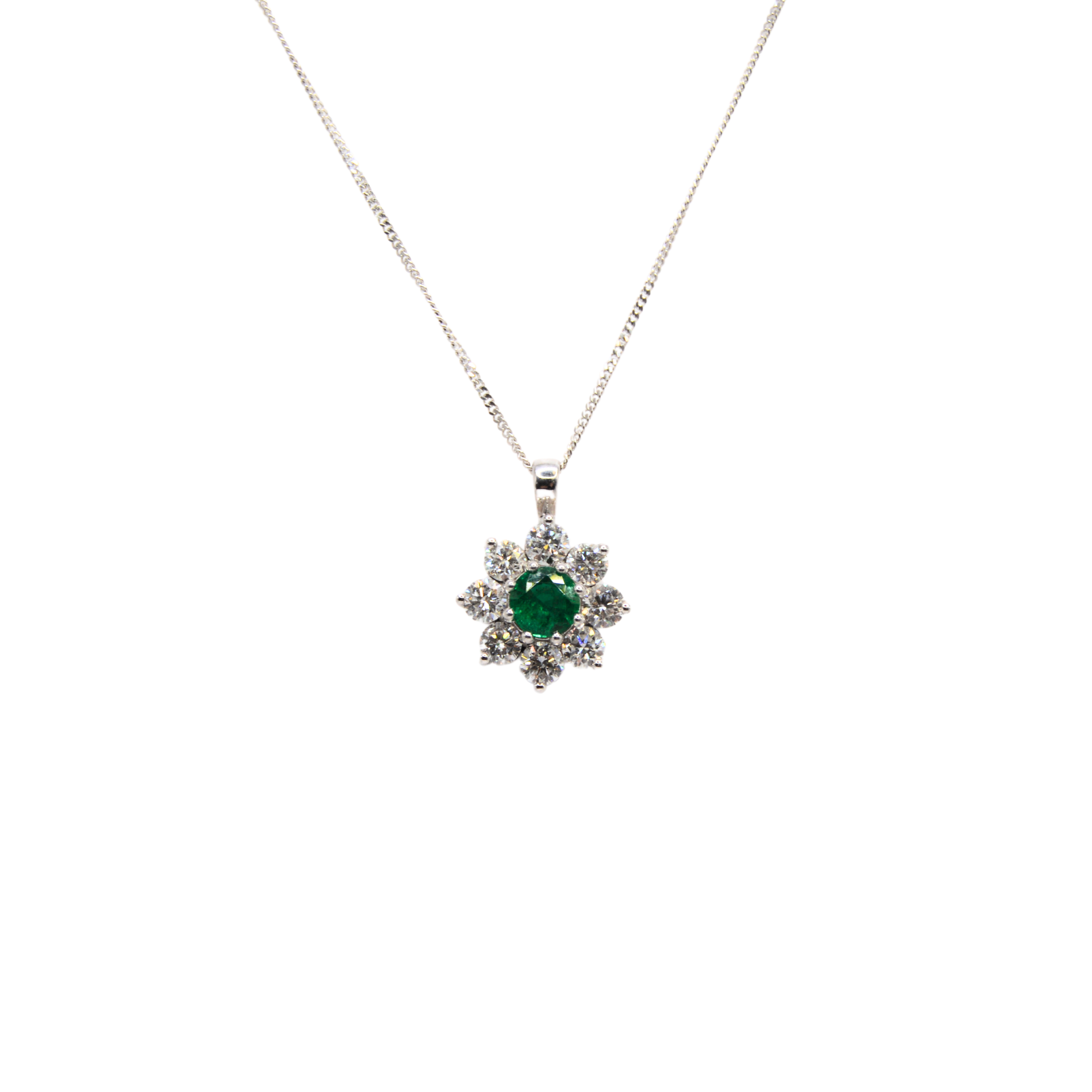 18ct White Gold Emerald and Diamond Flower Design Pendant