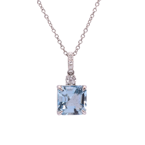 Aquamarine & Diamond Necklace - 18" Trace Chain - 18ct White Gold