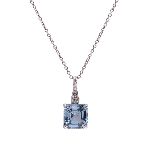 Aquamarine & Diamond Necklace - 18" Trace Chain - 18ct White Gold