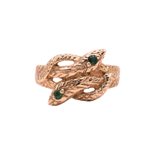 Emerald Set Double Headed Snake Ring In 9ct Yellow Gold