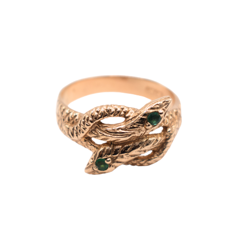 Emerald Set Double Headed Snake Ring In 9ct Yellow Gold