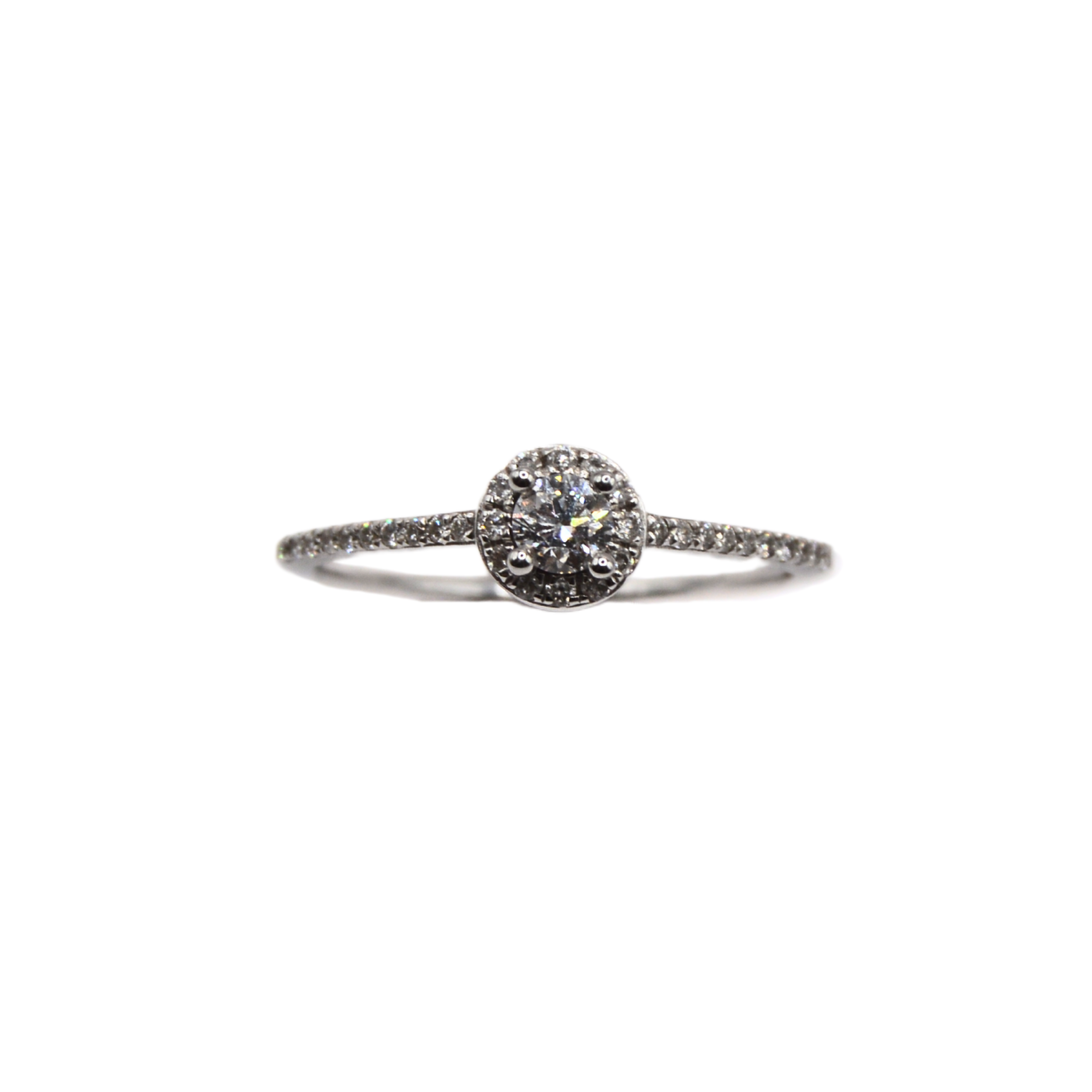 Four Claw 18ct White Gold Diamond Ring With Diamond Set Halo And Shoulders 0.15ct/ G/H / SI2