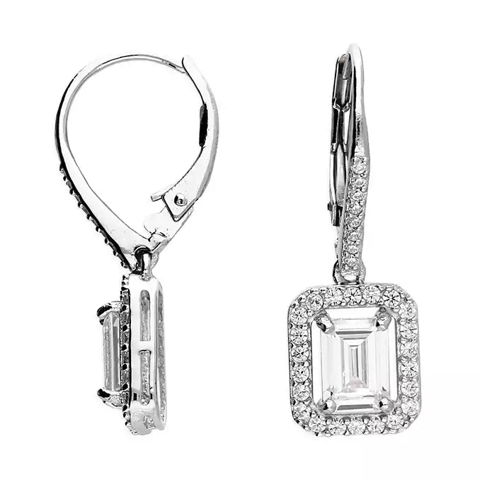 Emerald Cut Cubic Zirconia Halo Droppers In Silver