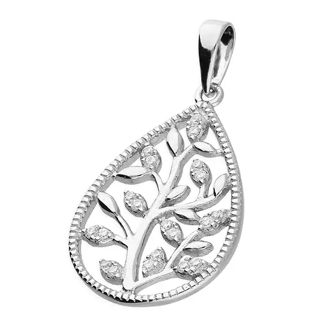 Cubic Zirconia Open Leaf Pendant In Silver