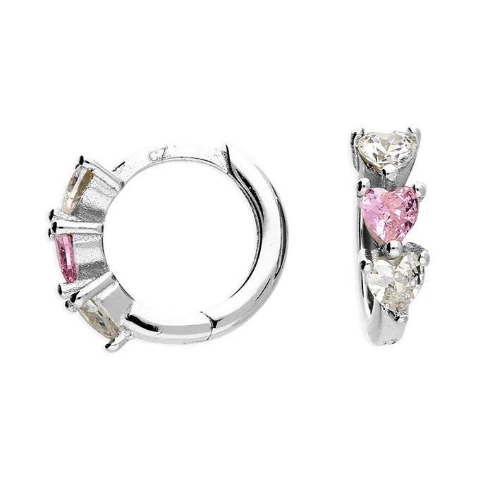 Pink & White Heart Cubic Zirconia Huggies In Silver