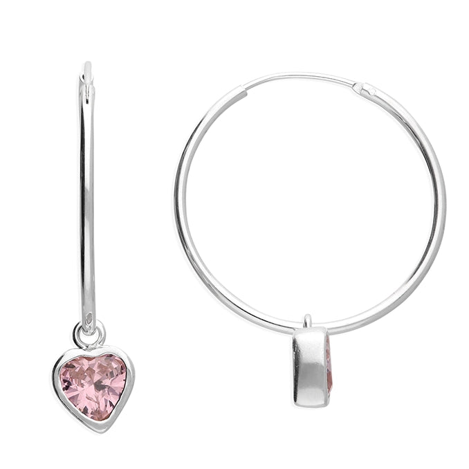 Pink Cubic Zirconia Heart Charm Hoops In Silver