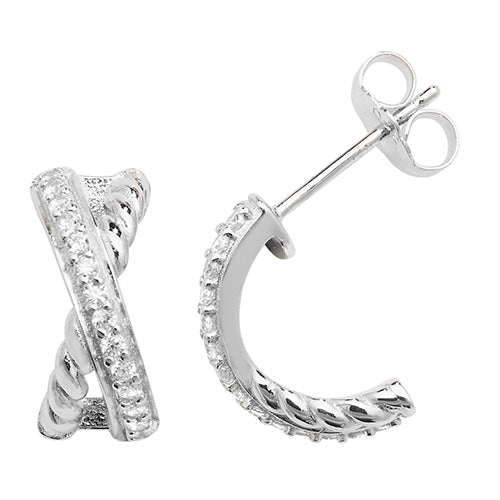 Cubic Zirconia Cross Over Half Hoop Studs In Silver