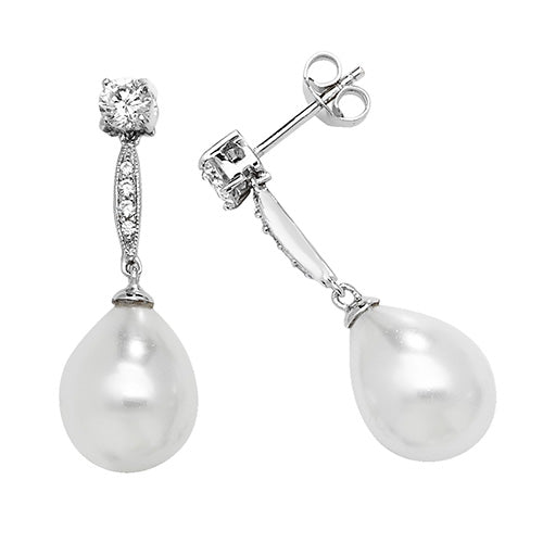 Pearl And Cubic Zirconia Dropper Studs In Silver