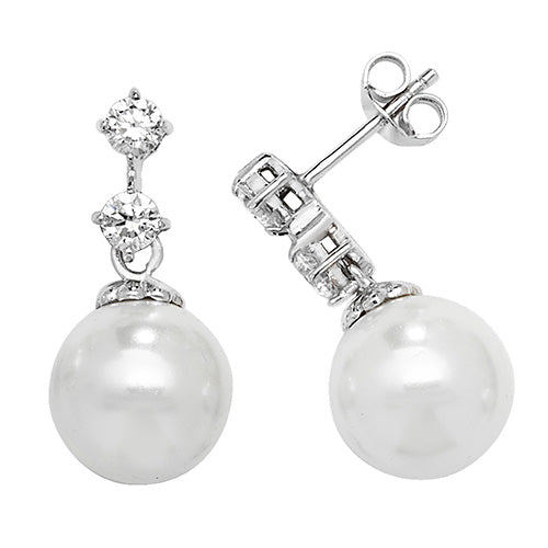 Double Cubic Zirconia And Pearl Dropper Studs In Silver