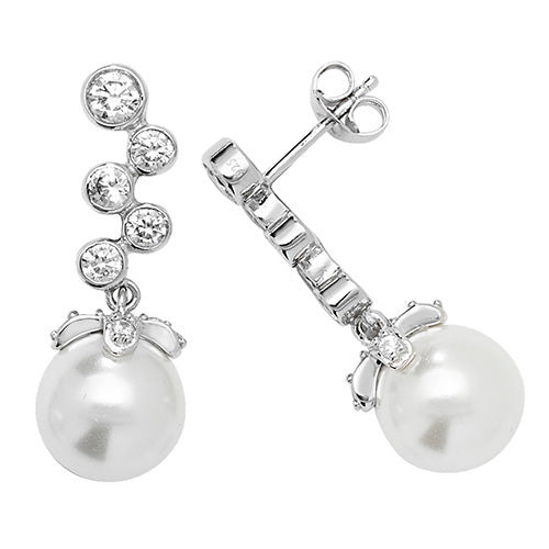 Pearl And Cubic Zirconia Dropper Studs In Silver