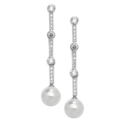 Pearl And Cubic Zirconia Bar Droppers In Silver