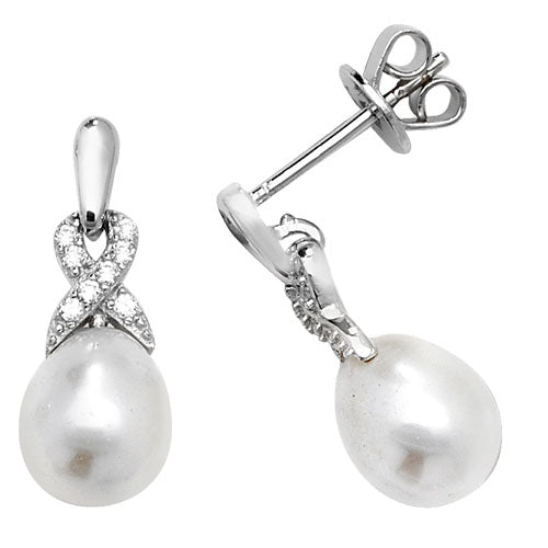 Pearl And Cubic Zirconia Dropper Studs In Silver