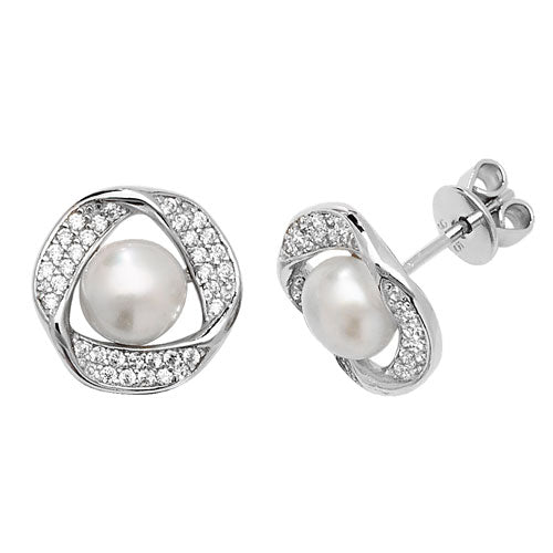 Pearl And Cubic Zirconia Twisted Studs In Silver