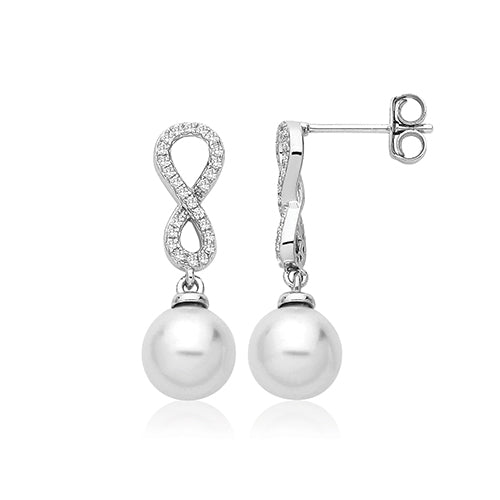 Infinity Cubic Zirconia And Pearl Dropper Studs In Silver